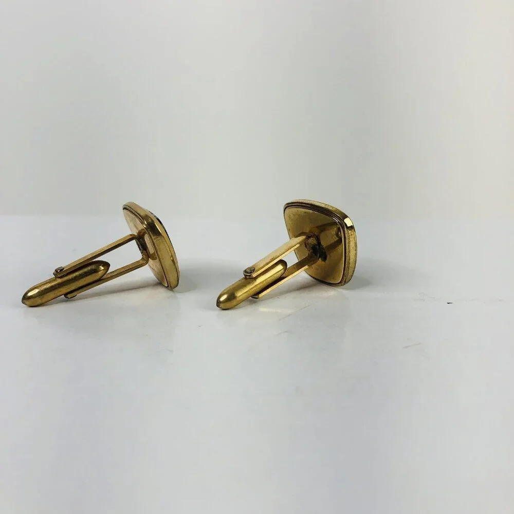 Vtg 80s Mens Fashion Cufflinks 14K G.F. Gold Stripped Black Gray Quiet Luxury